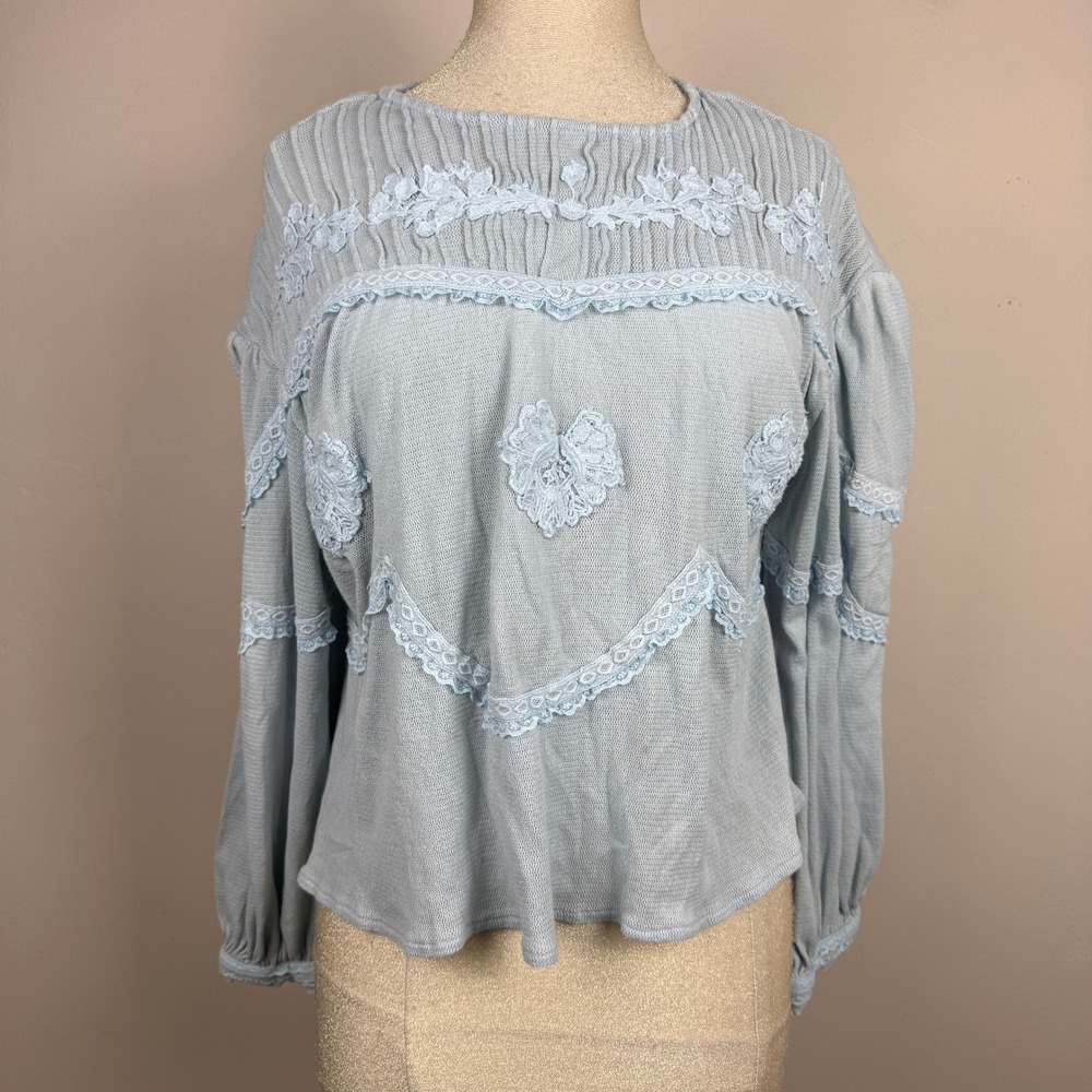 Free People Maisey Knit Top Blouse Women S Blue Lace Floral Embroidered Boho